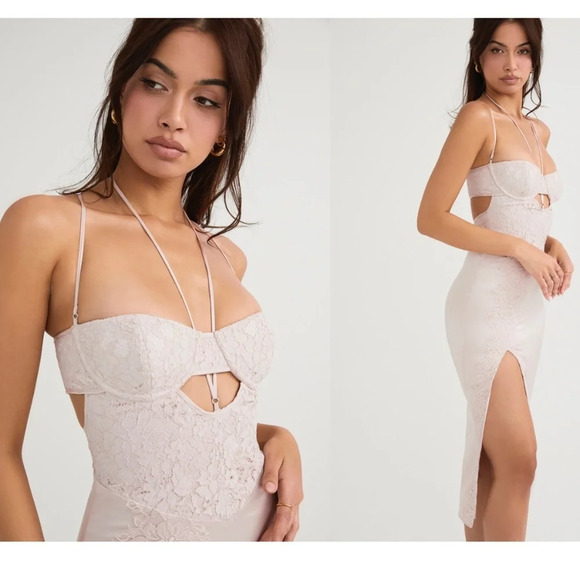 HOUSE OF CB 'Georgia' Crystal Satin and Lace Midi Dress cutout Size M NWOT - Picture 4 of 16